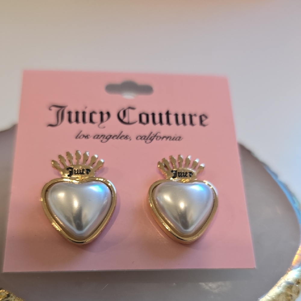 Juicy Couture Gold and White Crown Heart Earrings
